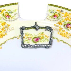Upcycled Porcelain Necklace With Floral Design & Silver Blend Metalwork Frame